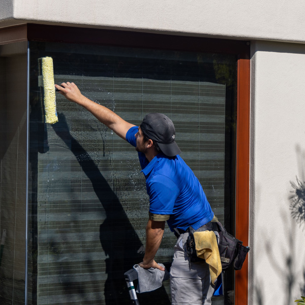 A professional window cleaner using a squeegee to clean a large window of a modern building